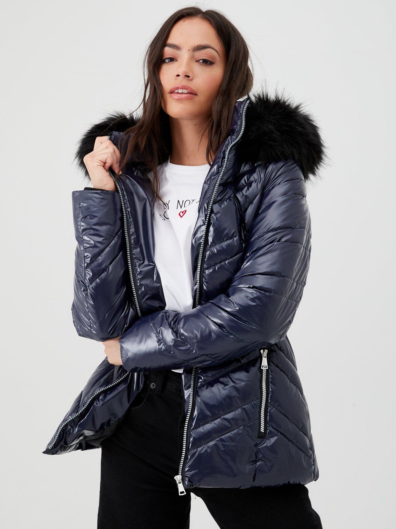 high shine hooded padded coat with faux fur trim