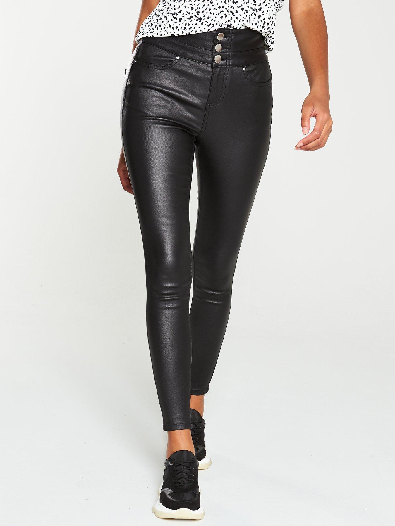 Ella High Waisted Coated Button Detail Skinny Jeans Black Ella High Waisted Coated Button Detail Skinny Jeans Black