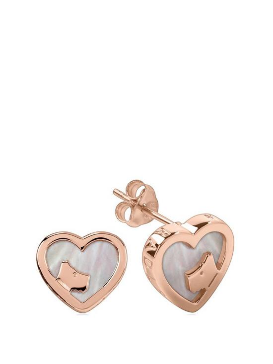 front image of radley-18k-rose-gold-plated-sterling-silver-mother-of-pearl-heart-dog-stud-ladies-earrings