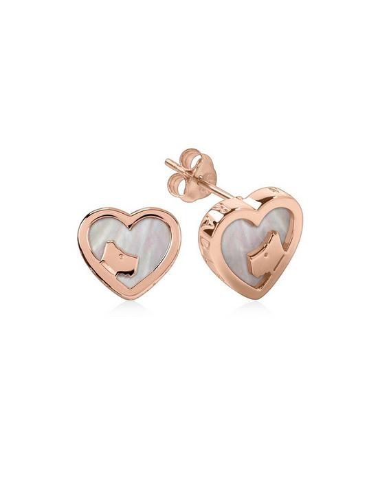 stillFront image of radley-18k-rose-gold-plated-sterling-silver-mother-of-pearl-heart-dog-stud-ladies-earrings