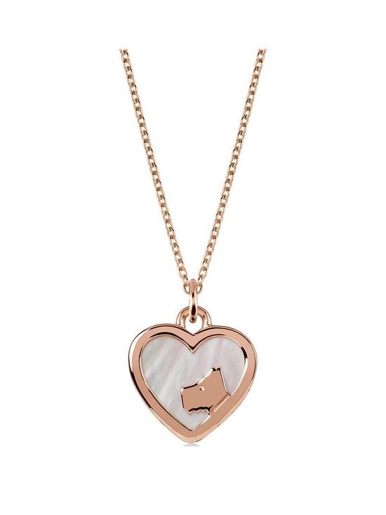 front image of radley-18k-rose-gold-plated-sterling-silver-and-mother-of-pearl-heart-dog-pendant-ladies-necklace