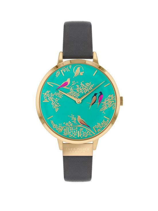 front image of sara-miller-chelsea-turquoise-and-gold-detail-34mm-dial-grey-leather-strap-ladies-watch