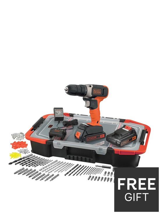 front image of black-decker-18vnbsplithium-ion-cordless-drill-drive-with-2-batteries-amp-165-accessories-with-kitbox