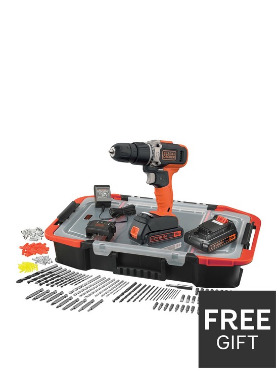 front image of black-decker-18v-lithium-ion-combi-hammer-drill-with-2-batteries-165-accessories-with-kitbox