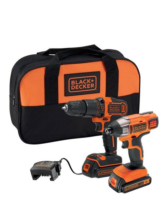 front image of black-decker-18v-lithium-ion-twin-pack-kit-with-18v-hammer-drill-18v-impact-driver-2x-15ah-batteries-charger-amp-soft-bag