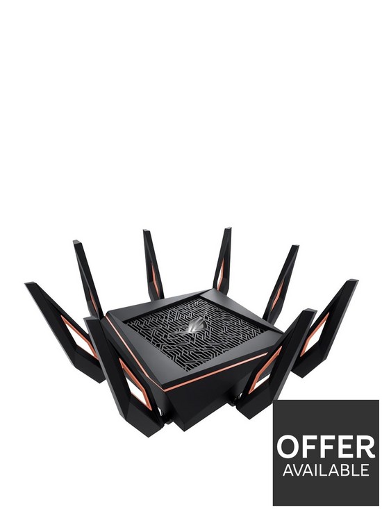 front image of asus-gt-ax11000-republic-of-gamers-wifi-6-tri-band-wireless-ai-mesh-gigabit-gaming-router-ps5-compatible