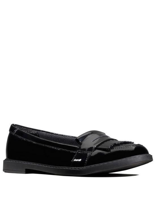 front image of clarks-girlsnbspyouth-scala-bright-loafers-black-patent