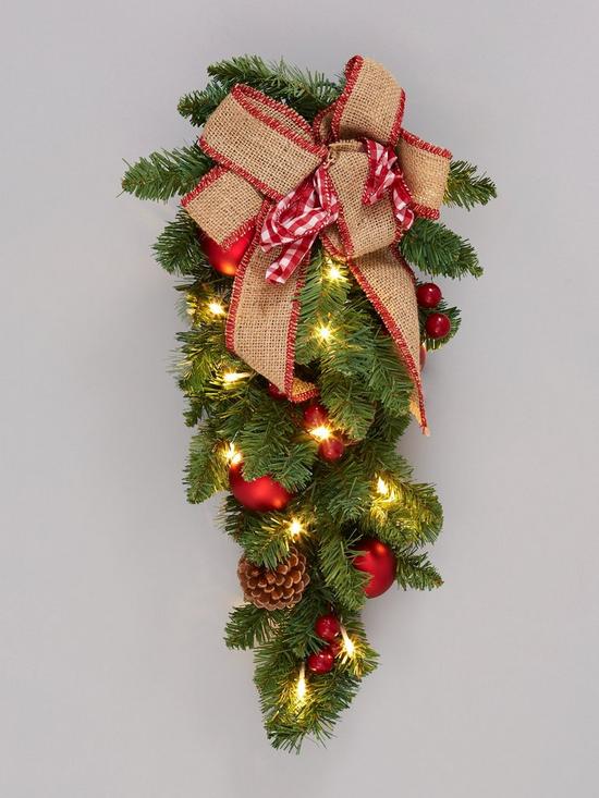 stillFront image of bows-amp-baubles-teardrop-shape-lit-christmas-wreathdoor-hanger