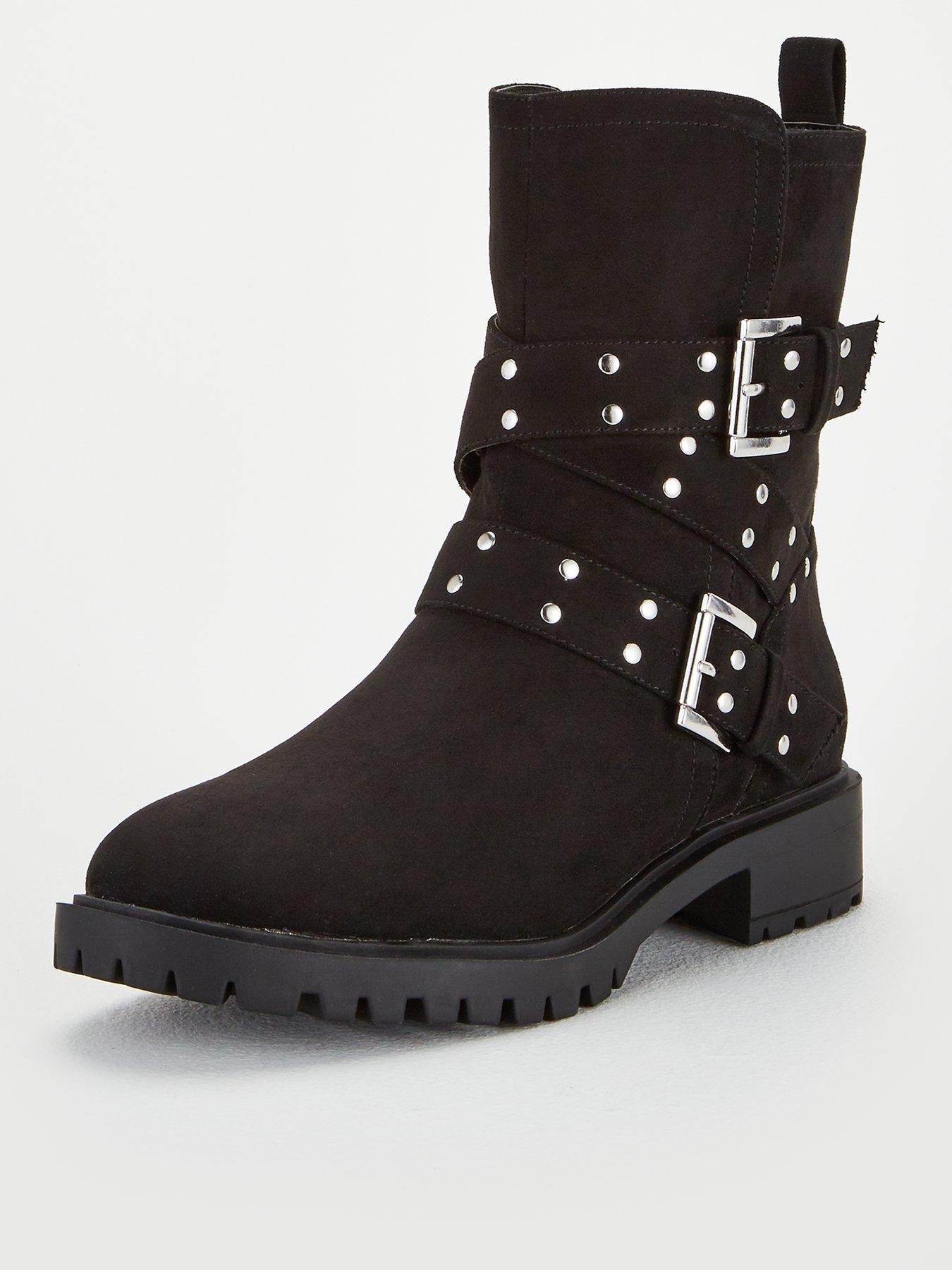 wide fit black biker boots