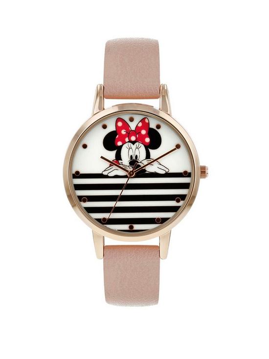 front image of disney-minnie-mouse-white-and-black-stripe-dial-nude-leather-strap-ladies-watch-nude