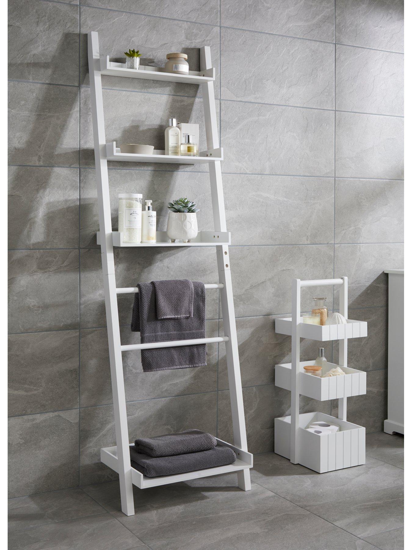 white bathroom shelving unit