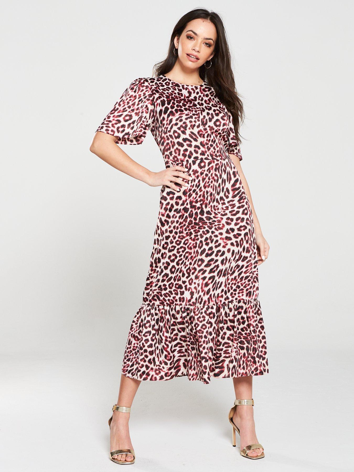 fluro leopard ruffle hem dress