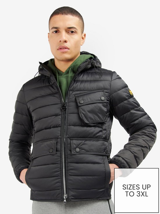 front image of barbour-international-ouston-hooded-quilted-coat-black