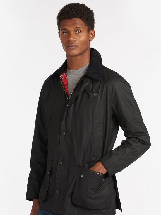 front image of barbour-ashby-wax-jacket-black