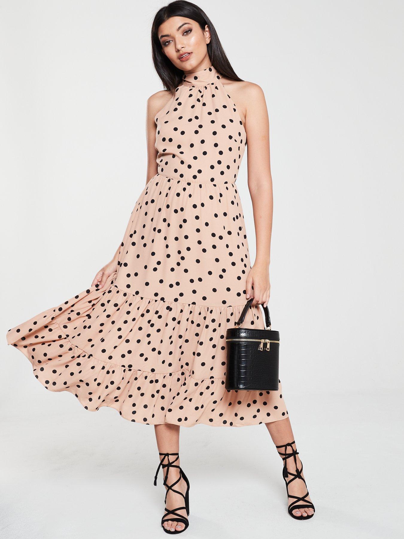 oasis tiered midi dress in polka dot