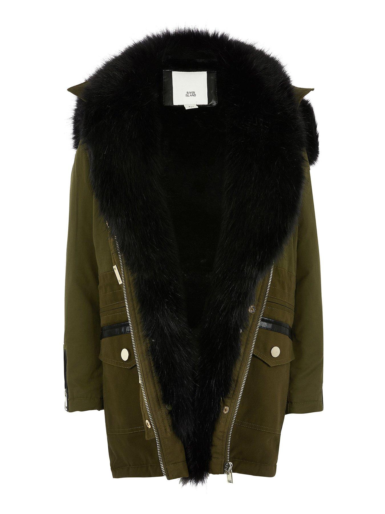 khaki faux fur trim parka coat