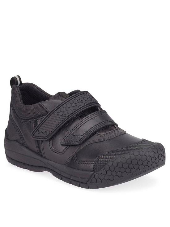 front image of start-rite-strike-black-leather-durable-double-riptape-boys-school-shoes-black