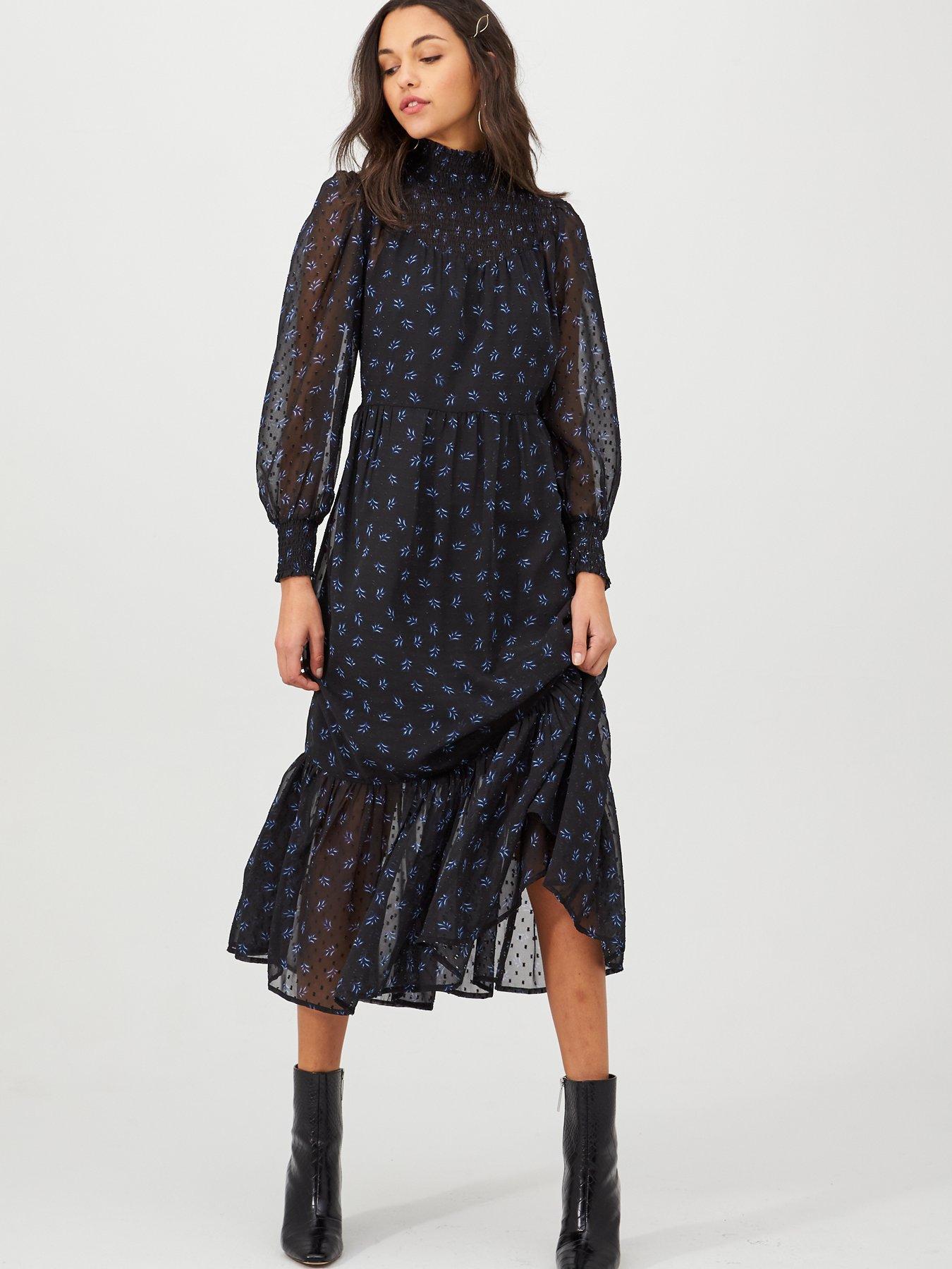 high neck floral midi dress