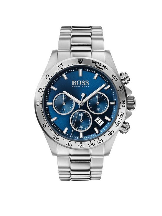 front image of boss-hero-sport-lux-blue-sunray-chronograph-dial-stainless-steel-bracelet-mens-watch