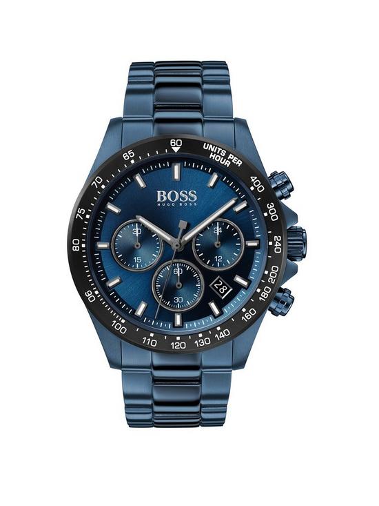 front image of boss-hero-sport-lux-blue-sunray-chronograph-dial-blue-ip-stainless-steel-bracelet-mens-watch