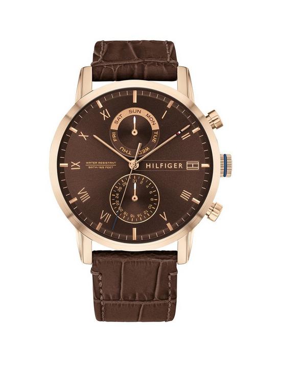 front image of tommy-hilfiger-kane-brown-sunray-and-coronation-gold-detail-chronogrpah-dial-brown-leather-strap-mens-watch