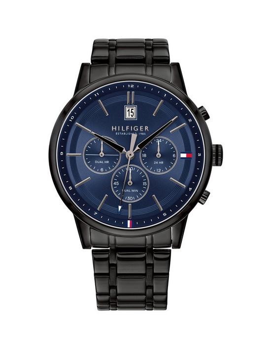 front image of tommy-hilfiger-kyle-blue-sunray-chronograph-dial-black-ip-stainless-steel-bracelet-mens-watch