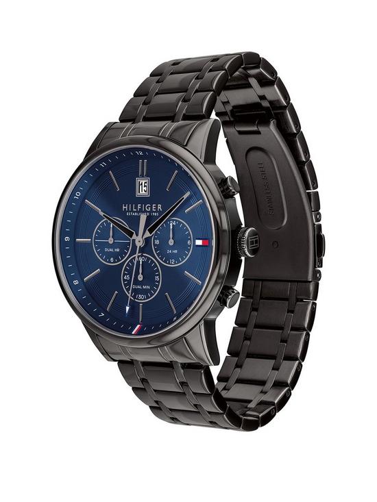 stillFront image of tommy-hilfiger-kyle-blue-sunray-chronograph-dial-black-ip-stainless-steel-bracelet-mens-watch