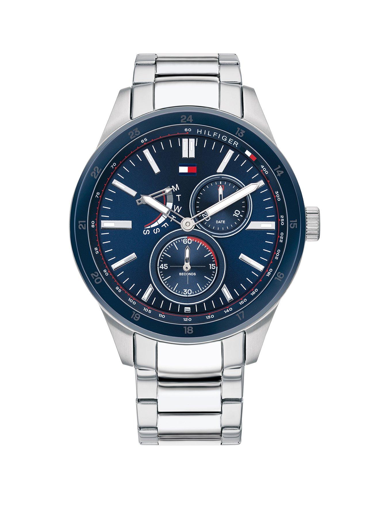 tommy hilfiger men's grey ip blue dial bracelet watch