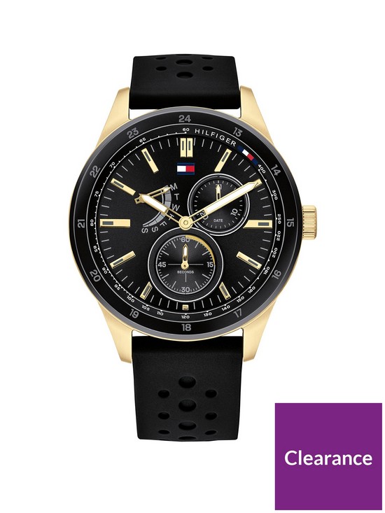 front image of tommy-hilfiger-austin-black-and-gold-detail-multi-dial-black-silicone-strap-mens-watch