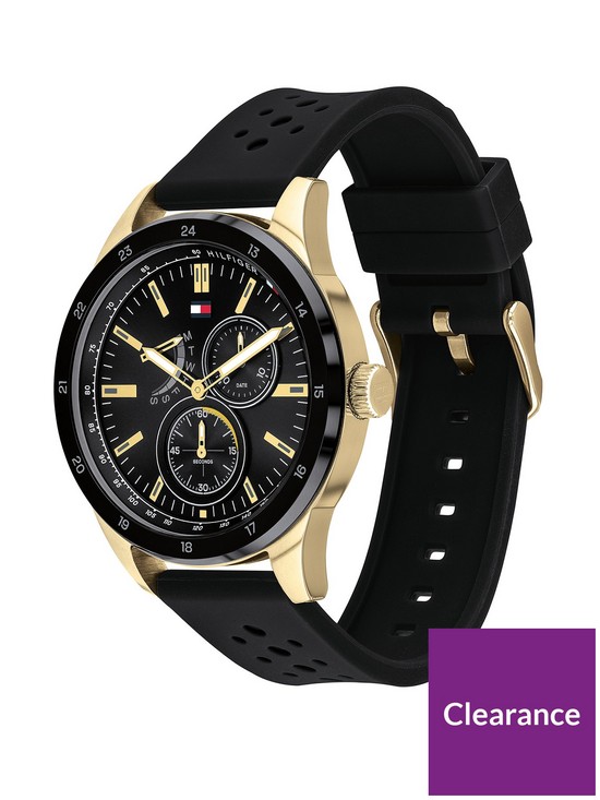 stillFront image of tommy-hilfiger-austin-black-and-gold-detail-multi-dial-black-silicone-strap-mens-watch