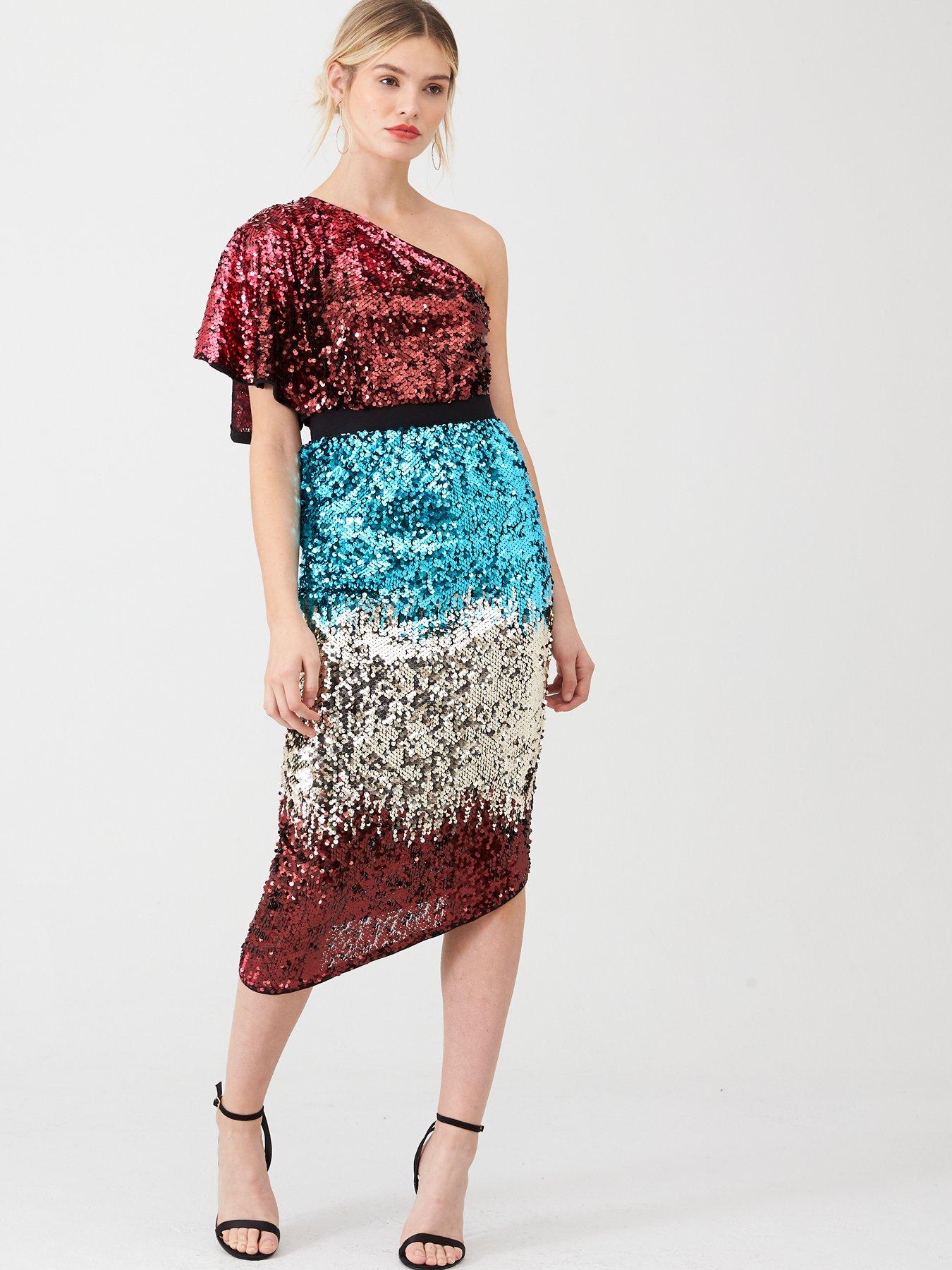 one shoulder multi sequin dress