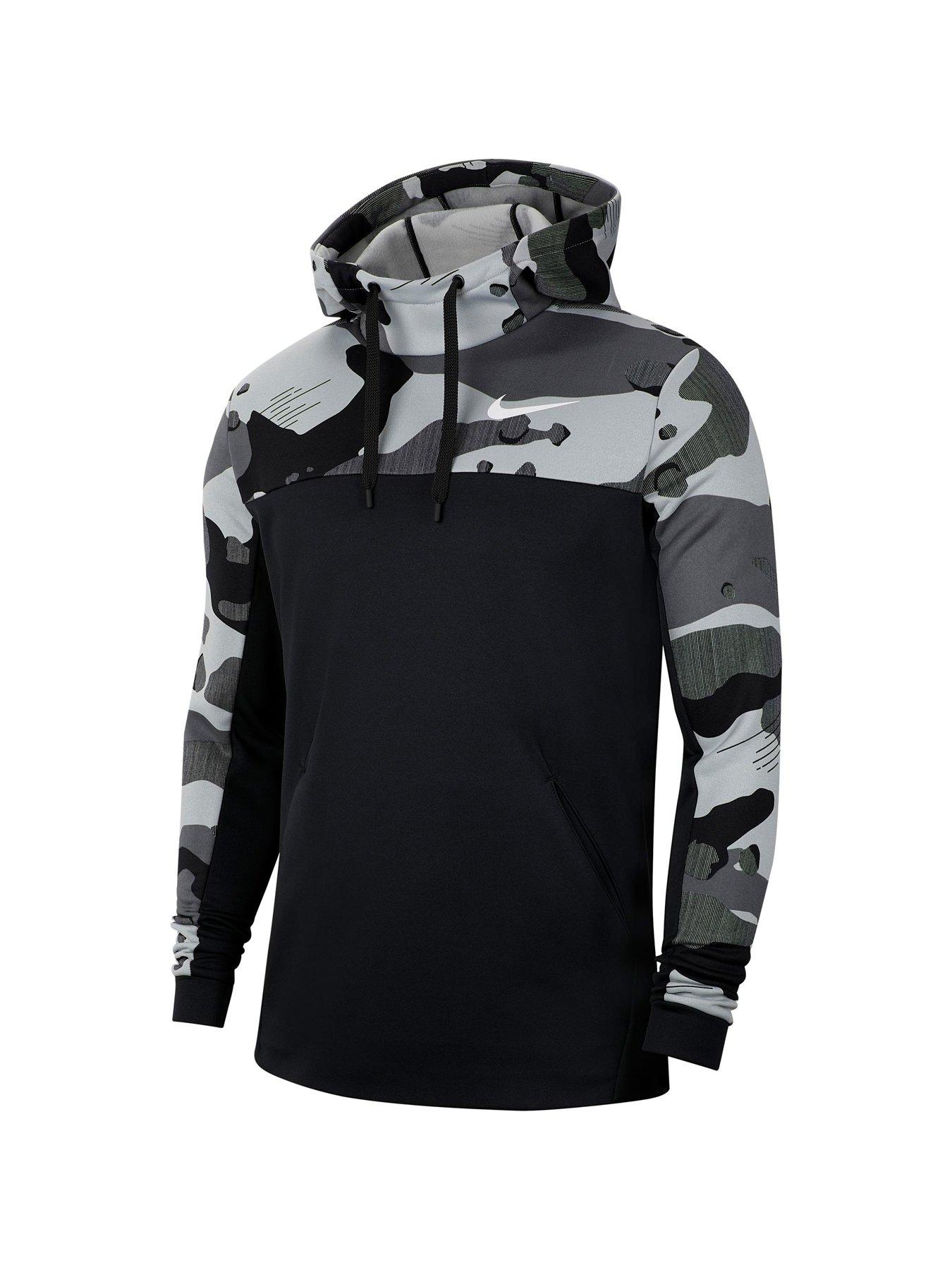 nike training therma hoodie with camo panel in black