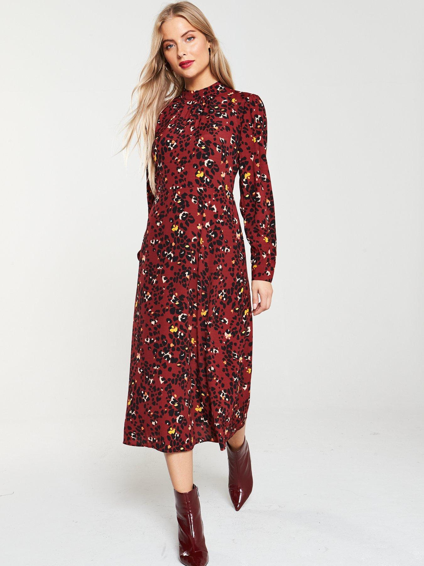 warehouse leopard button midi dress