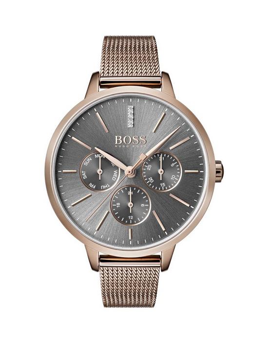 front image of boss-grey-sunray-crystal-set-multi-dial-rose-gold-stainless-steel-mesh-strap-ladies-watch