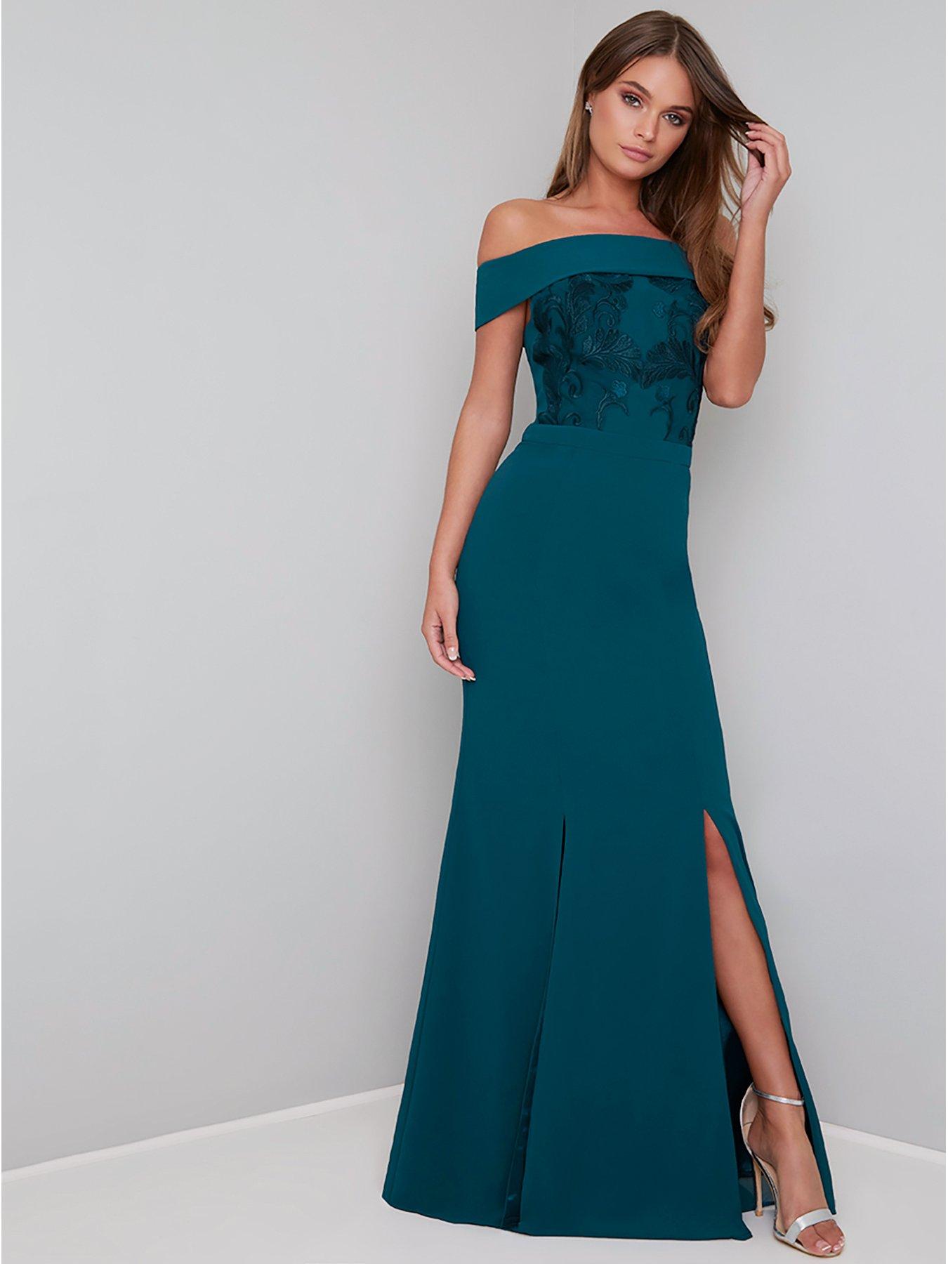 chi teal london dress bardot fenella maxi littlewoods