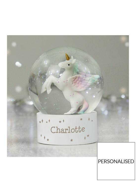 front image of the-personalised-memento-company-personalised-unicorn-snow-globe