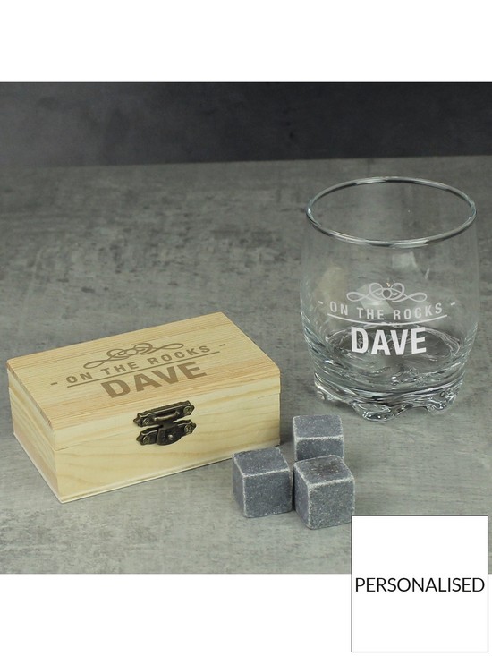 stillFront image of the-personalised-memento-company-personalised-on-the-rocks-whiskey-stones-and-glass-set