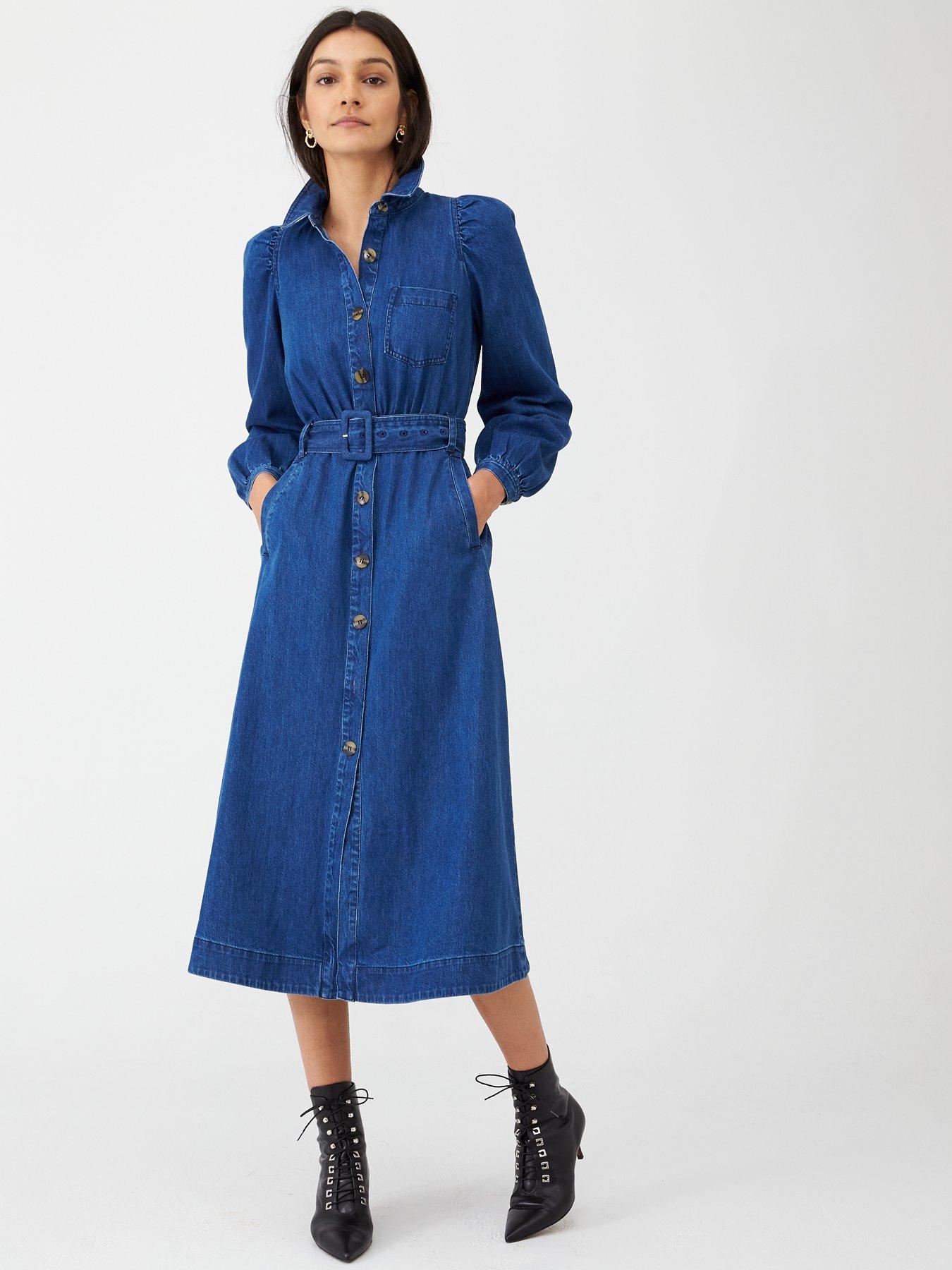 blue belted midi denim dress