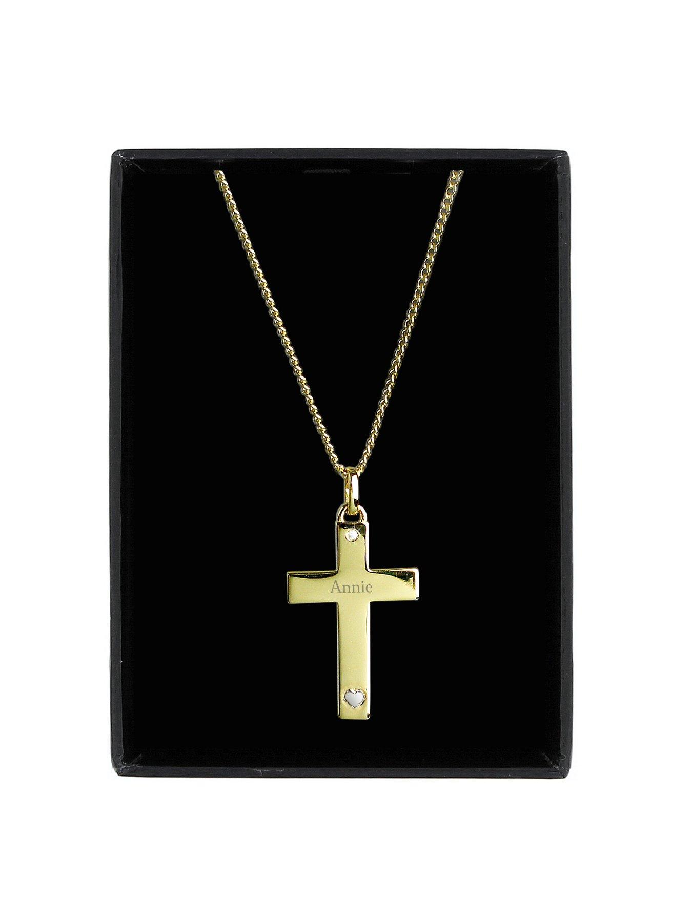 Love GOLD Personalised 9ct Gold Cross with Sterling Silver Heart and Cubic Zirconia Pendant Necklace littlewoods