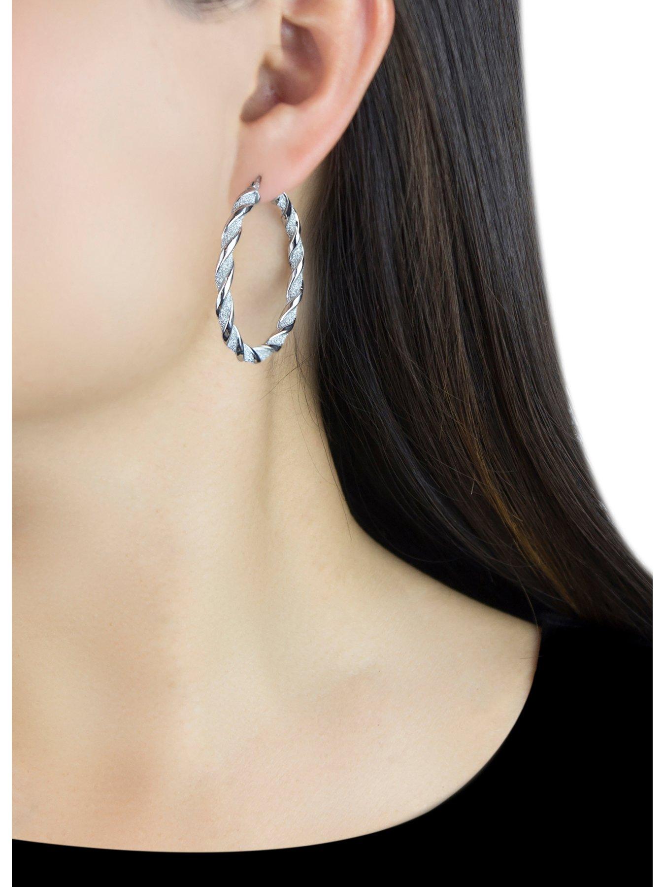 Image 2 of 4 of The Love Collection Sterling Silver Stardust Glitter Twist Creole Hoop Earrings