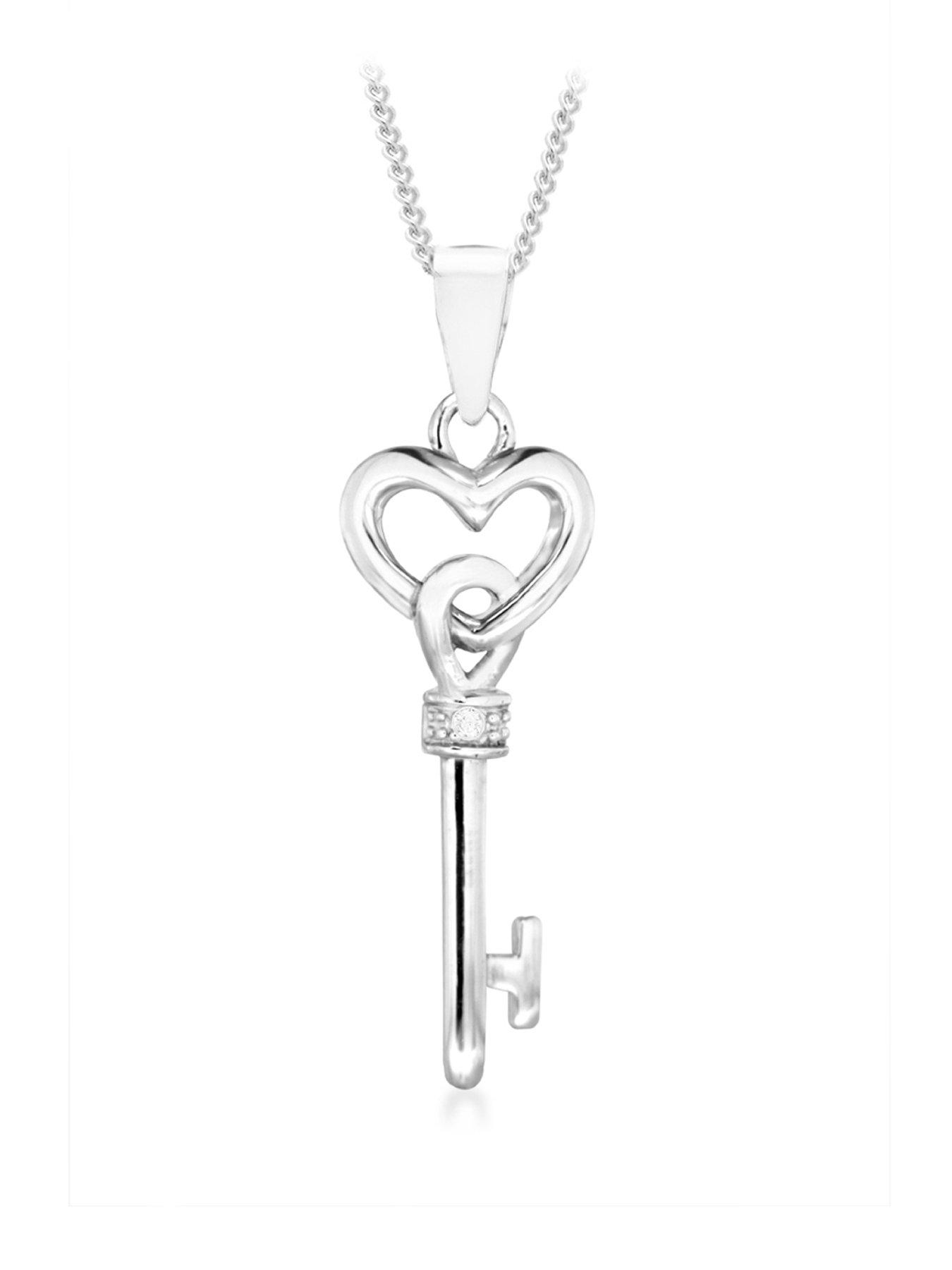 undefined 9ct White Gold Diamond Set Heart Key Pendant Necklace