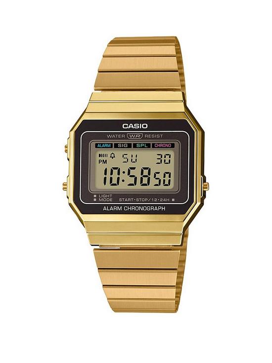 front image of casio-retro-black-digital-dial-gold-stainless-steel-bracelet-watch