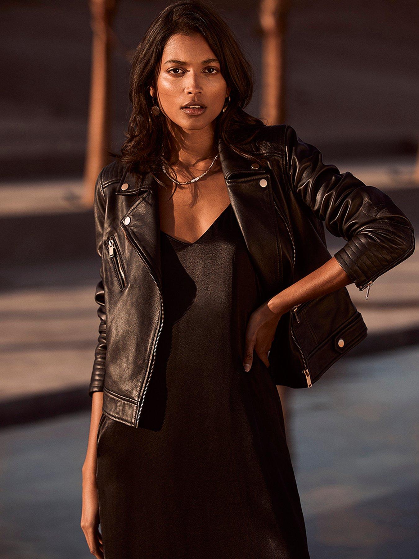 Image 1 of 4 of Mint Velvet Stitch Sleeve Detail Leather Biker Jacket - Black