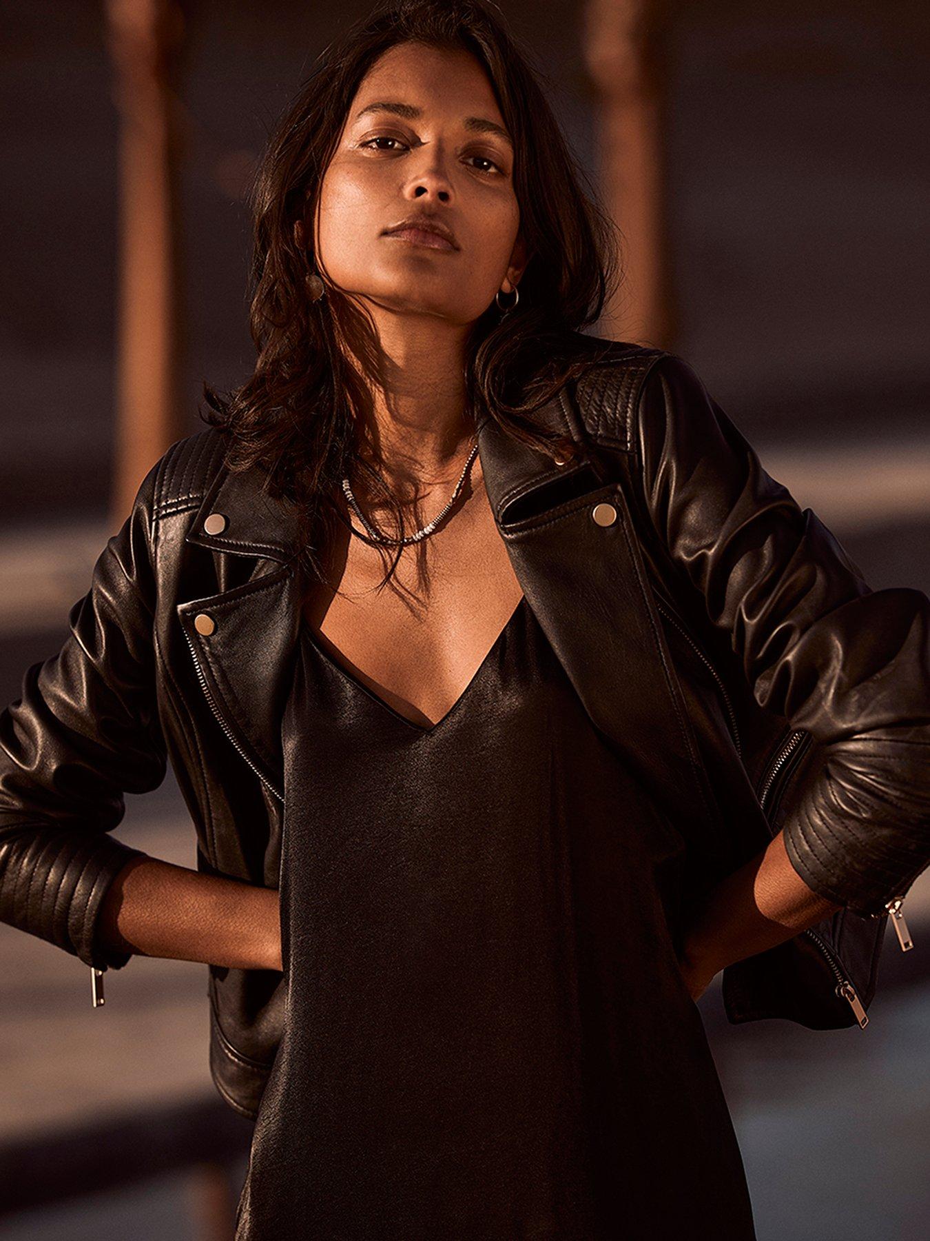 Image 3 of 4 of Mint Velvet Stitch Sleeve Detail Leather Biker Jacket - Black