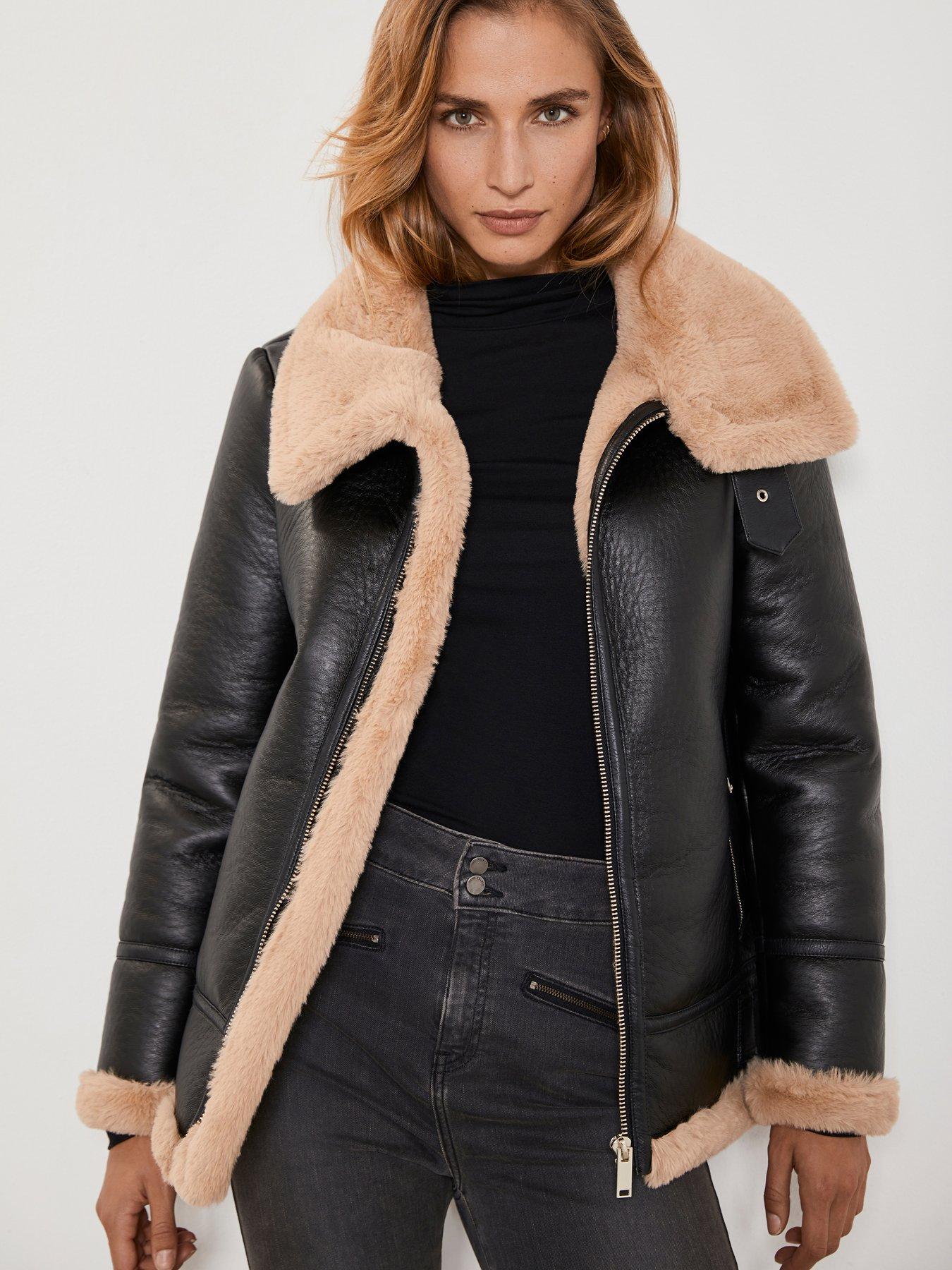 black aviator jacket brown fur