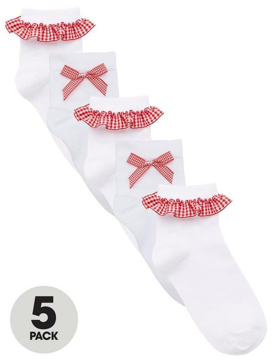 front image of v-by-very-girls-5-pack-gingham-frill-school-socks-red