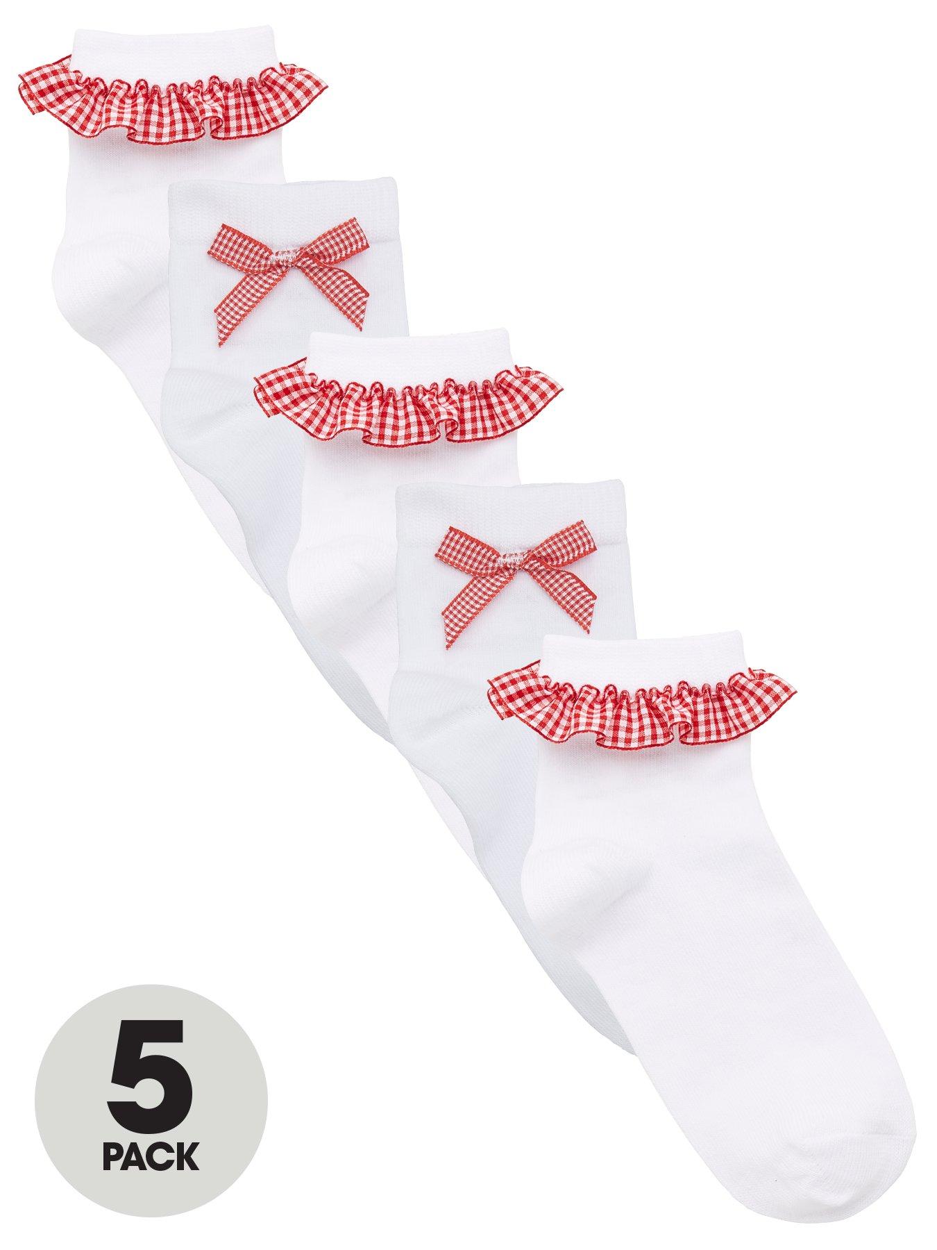undefined Girls 5 Pack Gingham Frill School Socks - Red