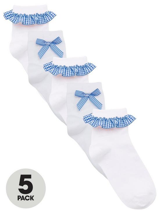 front image of v-by-very-girls-5-pack-gingham-frill-school-socks-white