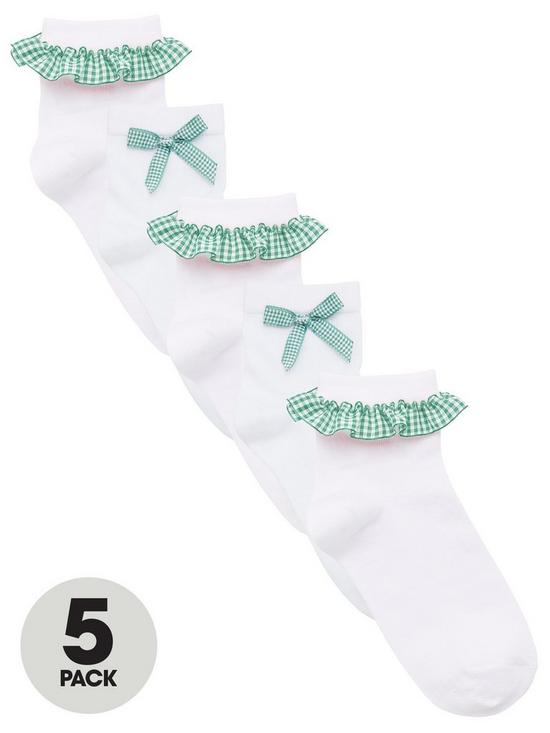 front image of v-by-very-girls-5-pack-gingham-frill-school-socks-green