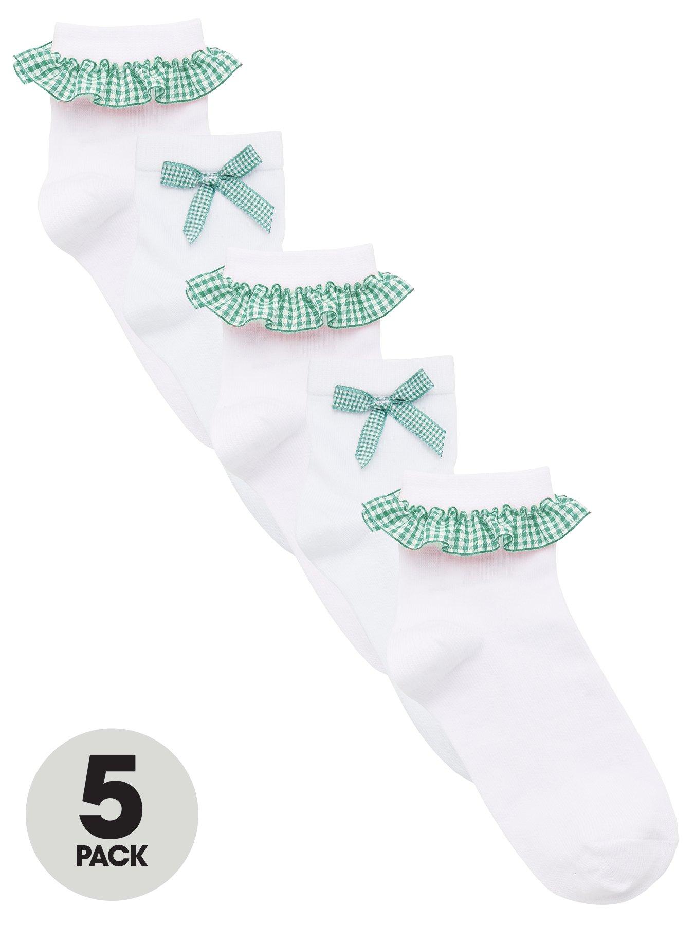 undefined Girls 5 Pack Gingham Frill School Socks - Green